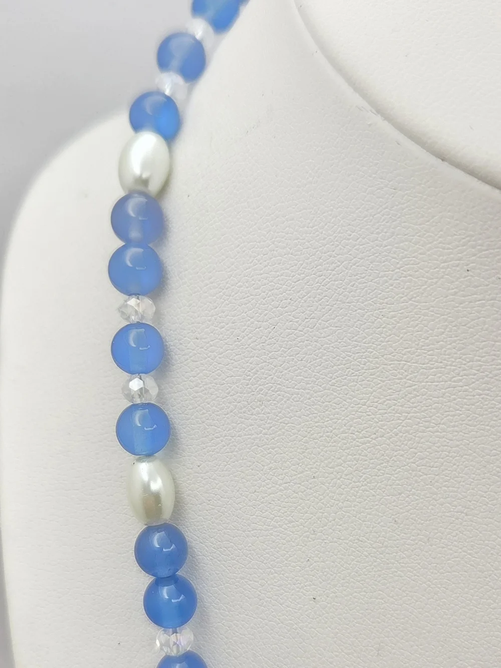 Blue Glass Beaded Faux Pearl & Crystal Accent Strand Necklace - 19